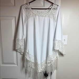White Lace Fringe Swim Coverup